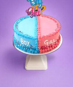Boy or Girl gender reveal heart cake with blue and pink frosting and topper