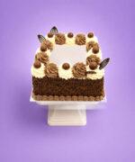 Square chocolate celebration cake with smooth vanilla cream frosting, chocolate buttercream swirls, chocolate vermicelli-coated sides, chocolate decorations, chocolate malt balls, chocolate shell border, and a large blank centre ready for a personalised edible photo or custom message.