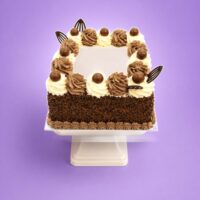 Square chocolate celebration cake with smooth vanilla cream frosting, chocolate buttercream swirls, chocolate vermicelli-coated sides, chocolate decorations, chocolate malt balls, chocolate shell border, and a large blank centre ready for a personalised edible photo or custom message.
