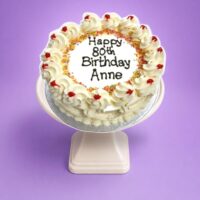 Round classic celebration cake with smooth fresh cream icing, piped cream rosettes, rainbow sprinkles, glazed cherries and personalised birthday message, traditional handmade celebration cake by Cake Palace UK.