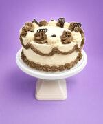 Classic Chocolate & Vanilla Celebration Cake decorated with smooth vanilla buttercream, chocolate buttercream swirls, elegant chocolate piping, chocolate decorations, and a plain centre for a personalised message. Freshly made in Sheffield.