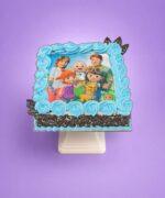 Cocomelon theme photo cake with edible character image and blue frosting