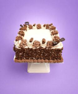 Square egg-free chocolate celebration cake decorated with fresh dairy topping, chocolate piping, premium chocolate curls covering the sides, chocolate curl pieces, decorative chocolate fans, and a large space for a personalised edible birthday message.