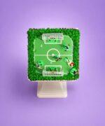 Egg-free football pitch birthday cake decorated with an edible football field, player figures, goalposts and grass-effect piping.