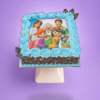 Egg Free Family Cartoon Photo Cake with an edible character image, blue cream swirls, chocolate curl sides and decorative chocolate leaves.