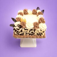 Ferrero Rocher & Chocolate Flake Celebration Cake with vanilla and chocolate buttercream swirls, white and dark chocolate flakes around the sides, Ferrero Rocher chocolates, and elegant dark chocolate decorations. Freshly made by our Sheffield bakery.