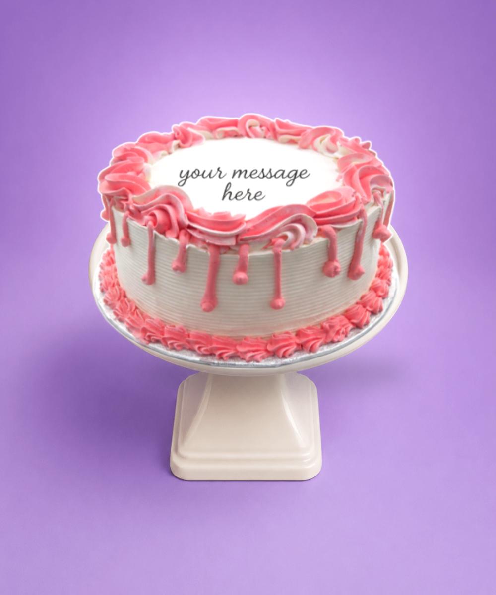 Pink Drip Fresh Cream Birthday Cake Round white fresh cream birthday cake with pink drip decoration, pink piped borders, textured sides, and a personalised message.