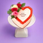 Egg Free Rose Heart Celebration Cake with fresh roses and red cream border, handmade in Sheffield
