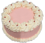 Round pink fresh cream celebration cake decorated with white fresh cream rosettes, cherry accents, and space for a personalised message.