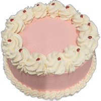Round pink fresh cream celebration cake decorated with white fresh cream rosettes, cherry accents, and space for a personalised message.