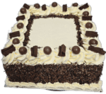 Top view of a square fresh cream cake featuring fresh cream rosettes, chocolate curls, chocolate pearls, chocolate sprinkle border, and space for a personalised message.