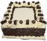 Top view of a square fresh cream cake featuring fresh cream rosettes, chocolate curls, chocolate pearls, chocolate sprinkle border, and space for a personalised message.