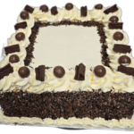 Top view of a square fresh cream cake featuring fresh cream rosettes, chocolate curls, chocolate pearls, chocolate sprinkle border, and space for a personalised message.